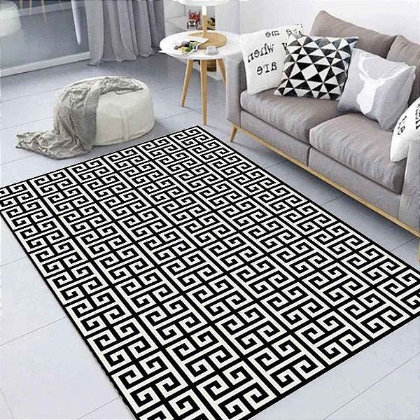 Tapete Maze para Sala e Quarto 1,40 X 2,00 Metros Antiderrapante Estampa Geométrica Preto e Branco Casa Dona