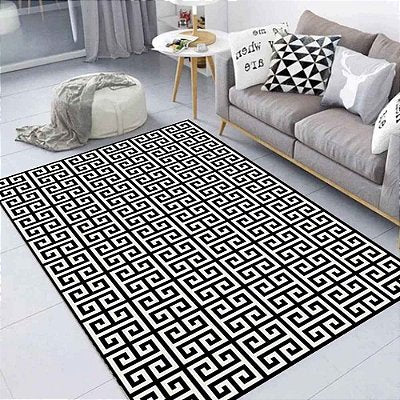 Tapete Maze para Sala e Quarto 1,40 X 2,00 Metros Antiderrapante Estampa Geométrica Preto e Branco Casa Dona