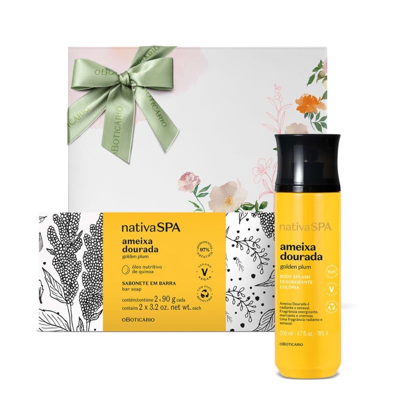 Kit Nativa SPA Ameixa Dourada o Boticário Body Splash + Sabonetes + Caixa de Presente (4 Produtos)