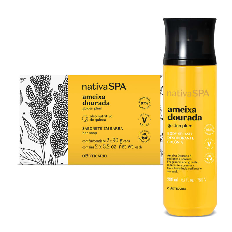 Kit Nativa SPA Ameixa Dourada o Boticário Body Splash + Sabonetes + Caixa de Presente (4 Produtos)